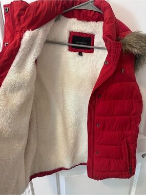 Banana Republic Red Quilted Puffer Jacket with Faux-Fur Trim